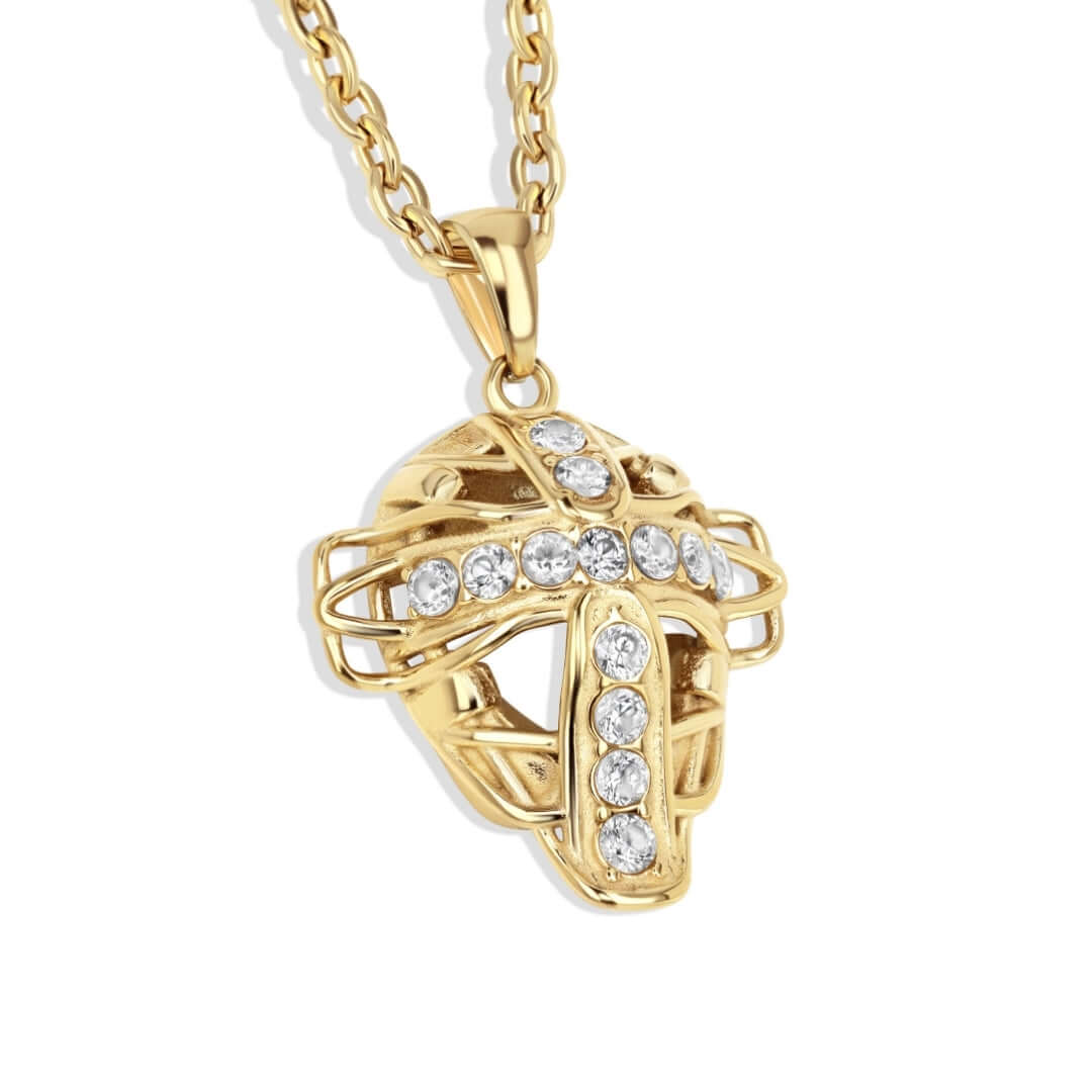 Iced Out Baseball Catchers Mask pendant in gold with rhinestones, showcasing a stylish design for baseball fans.