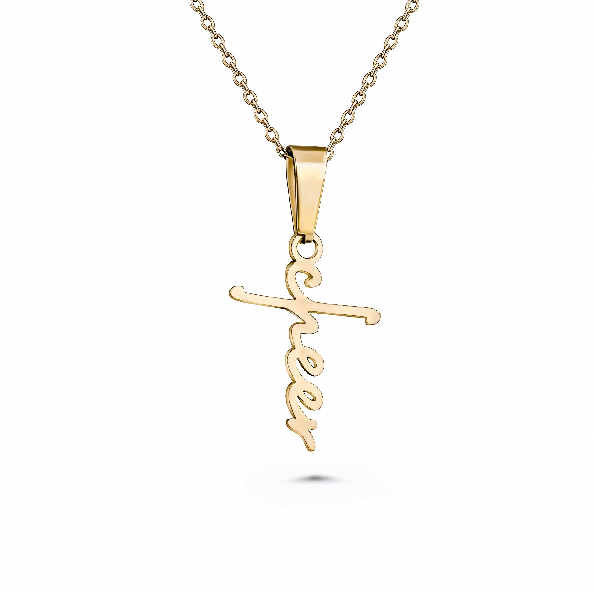 Gold Cheer Cross Necklace - Gold necklace with a unique pendant on a white background