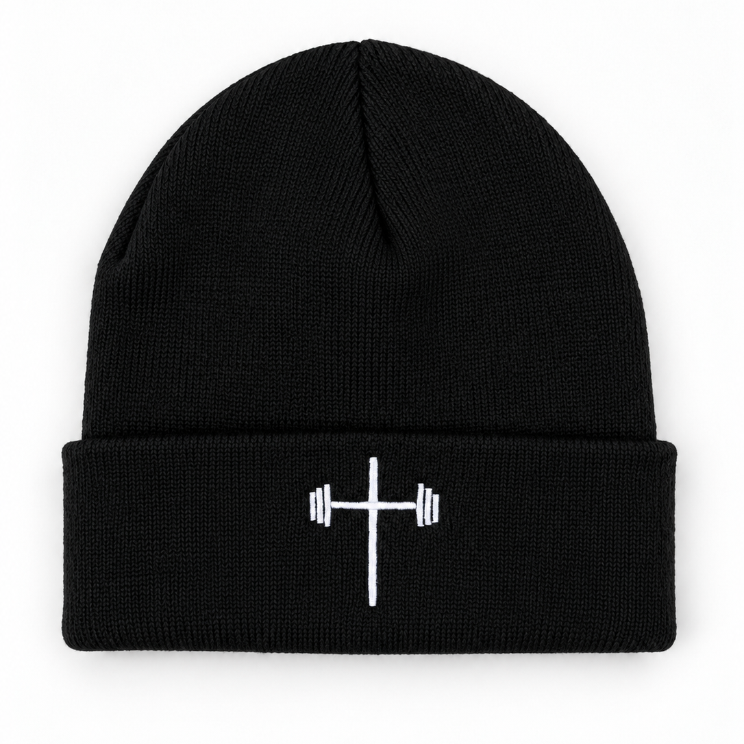HolStrength black beanie with cross and barbell logo