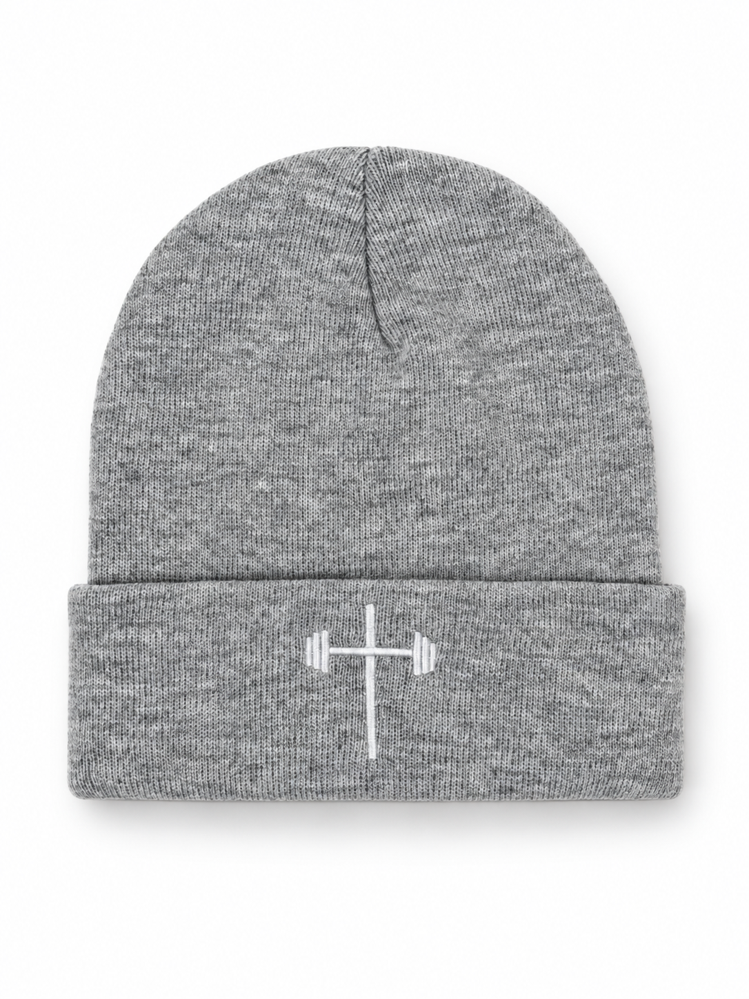 HolStrength heather grey beanie with cross and barbell logo