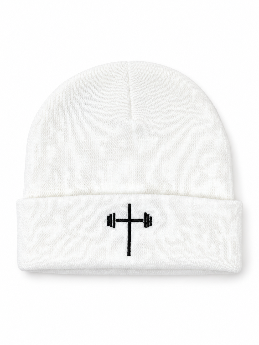 HolStrength white beanie with cross and barbell logo