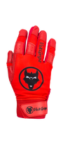 VukGripz Howler Red Batting Gloves featuring a red design with logo and padded palms for enhanced durability and performance.