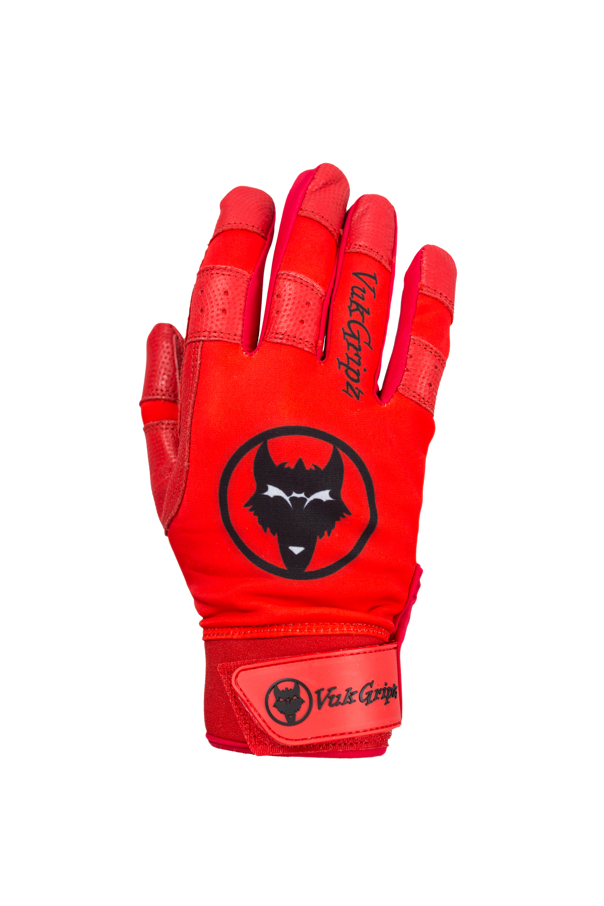VukGripz Howler Red Batting Gloves featuring a red design with logo and padded palms for enhanced durability and performance.