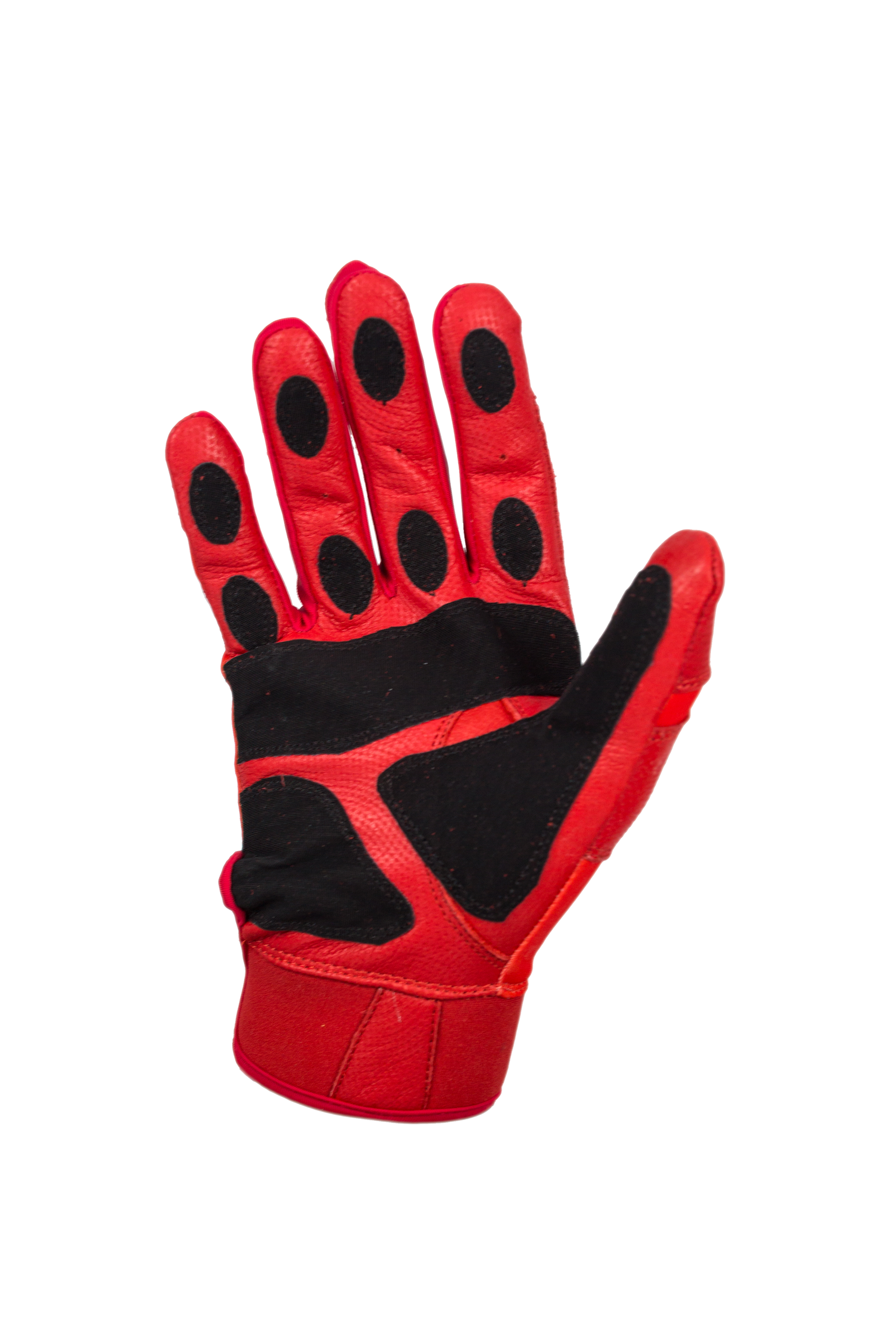 VukGripz Howler Red Batting Gloves showcasing a red glove with black padding and grips for superior performance and durability.