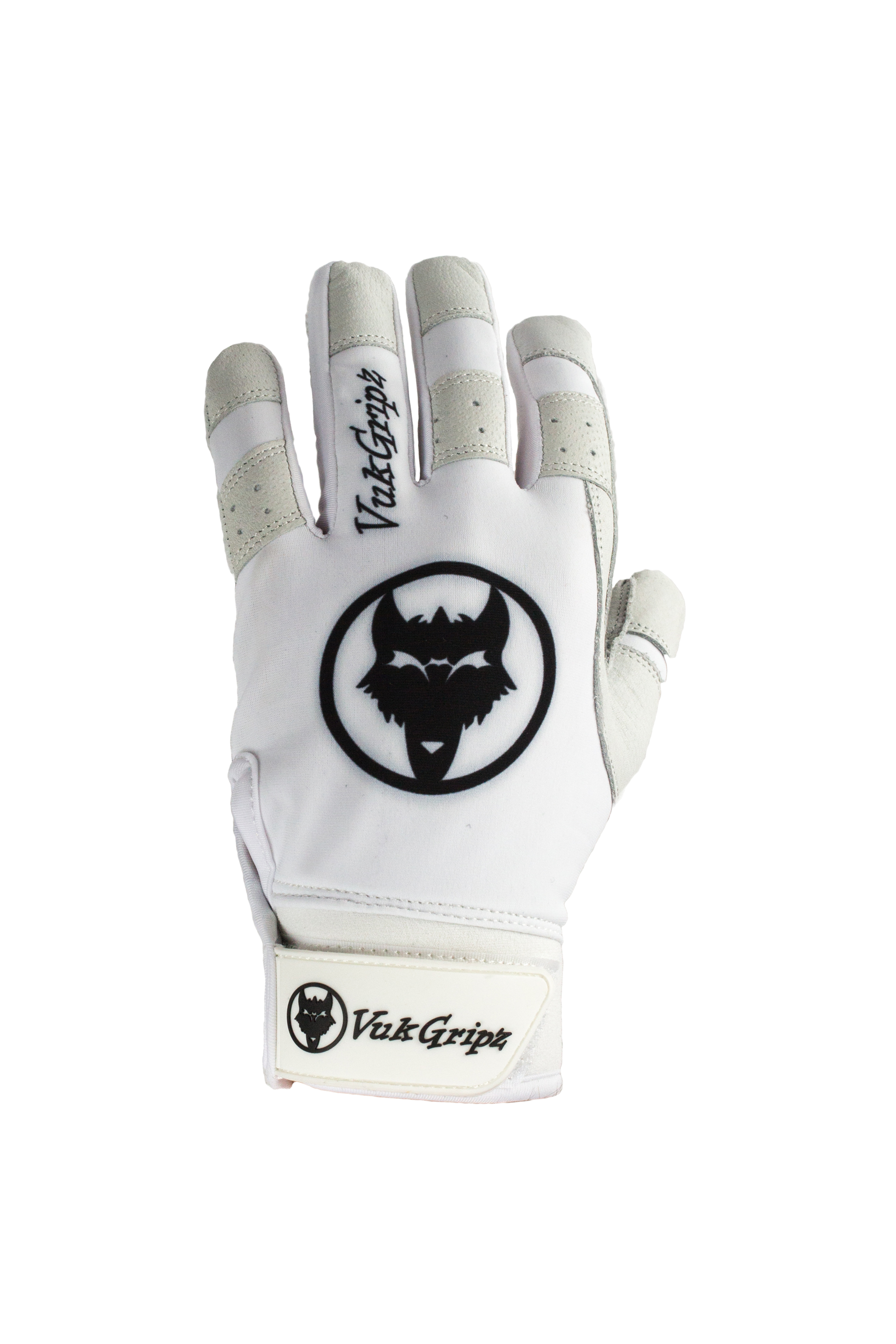 VukGripz Howler White Batting Gloves featuring breathable design and padded palms for superior grip and performance.