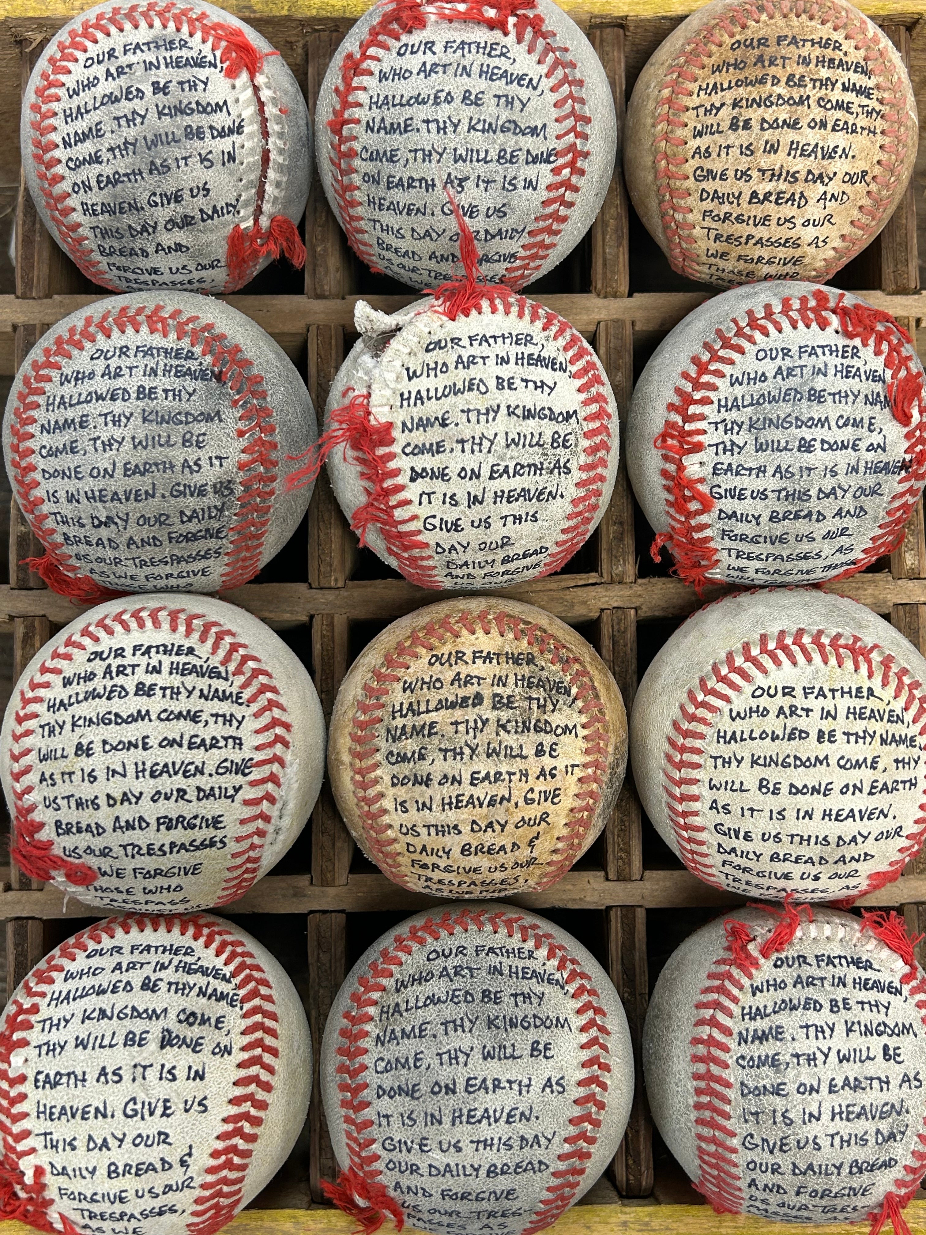Lord’s Prayer Inscribed Tattered Baseball with Poem
