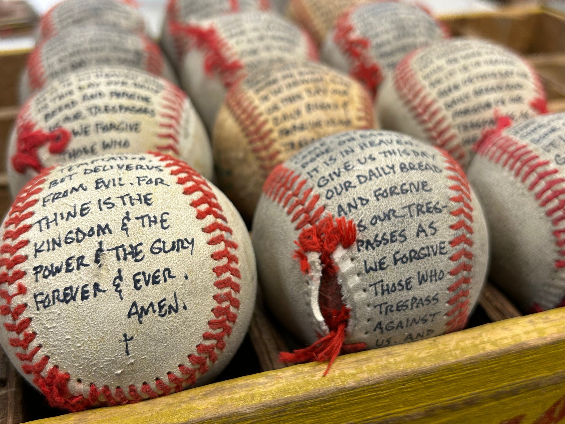Lord’s Prayer Inscribed Tattered Baseball with Poem