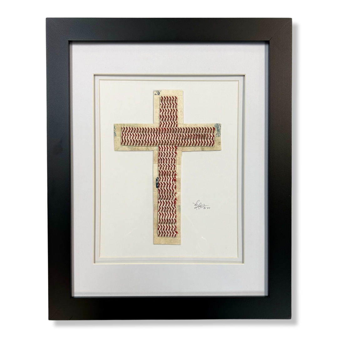 The Baseball Seams Company Traditional Cross baseball artwork made from used baseball seams, framed display view