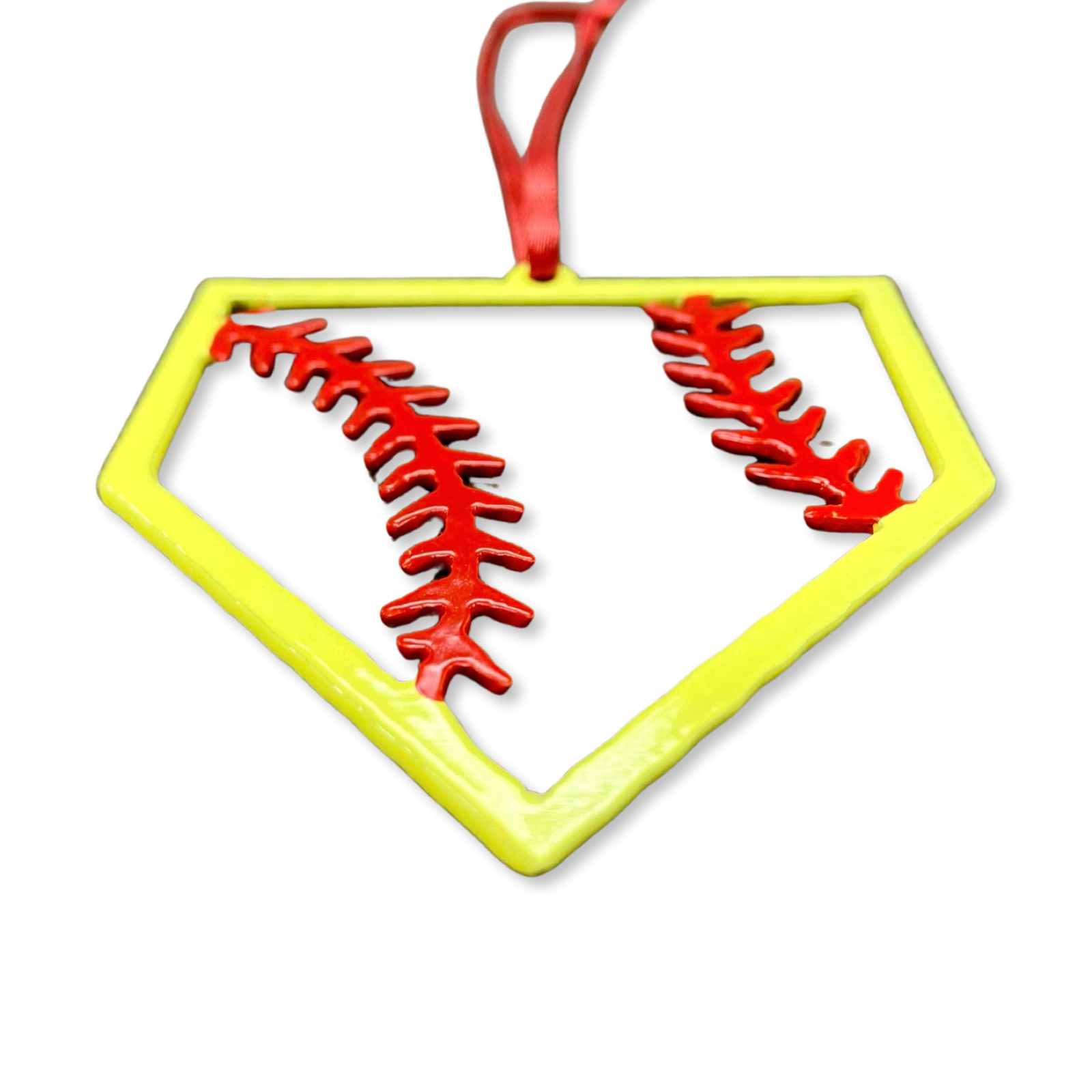 "STEEL HOME" Softball Christmas Ornament in a baseball diamond shape with red and yellow colors.