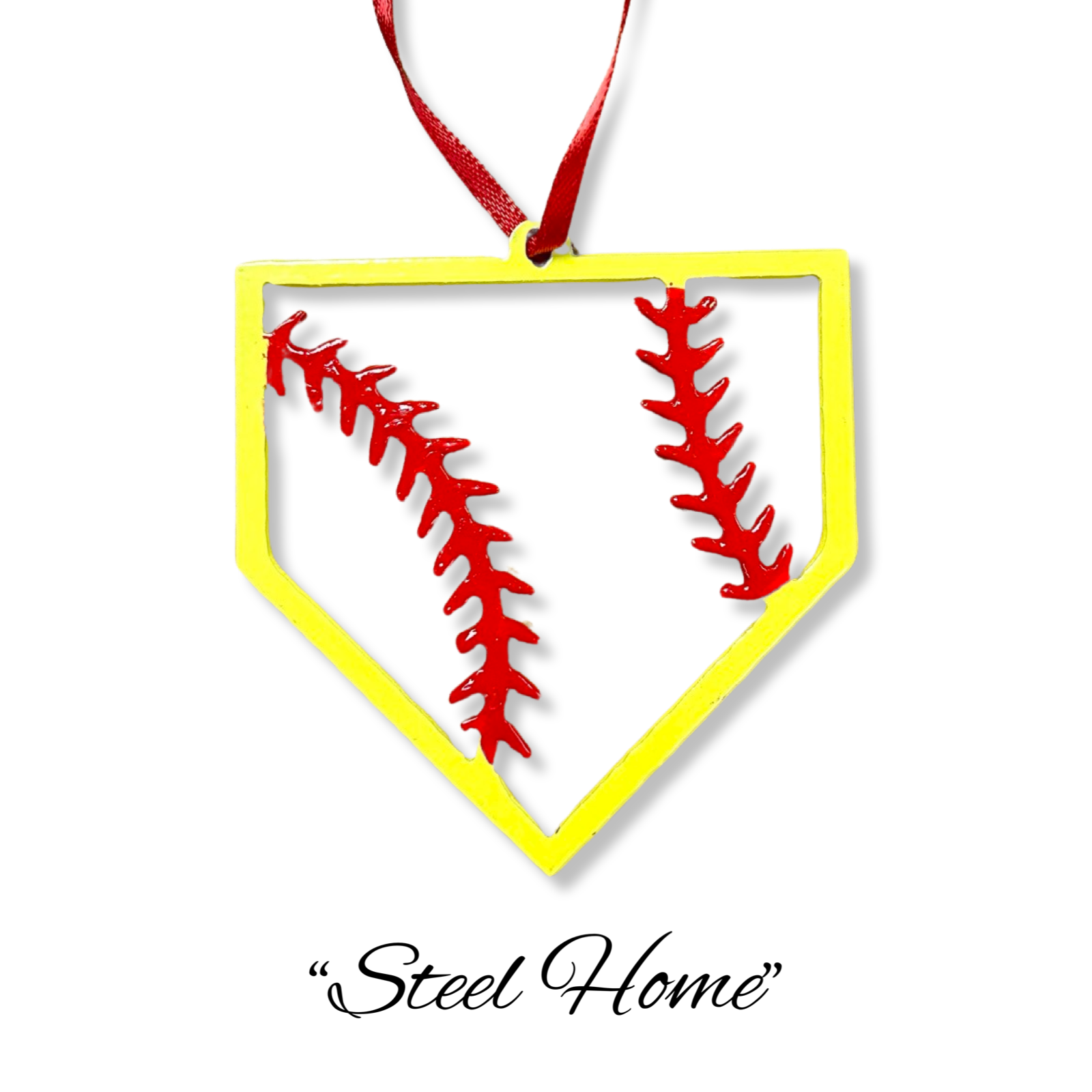 "STEEL HOME" Softball Christmas Ornament featuring a yellow outline and red stitching.