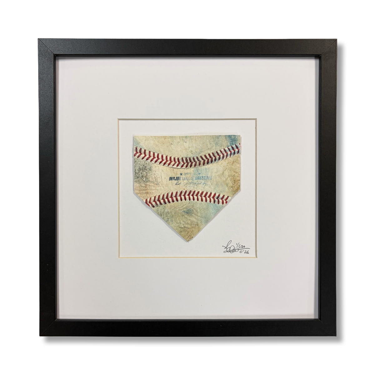 The Baseball Seams Company HOME home plate baseball artwork made with used baseball seams, framed display view