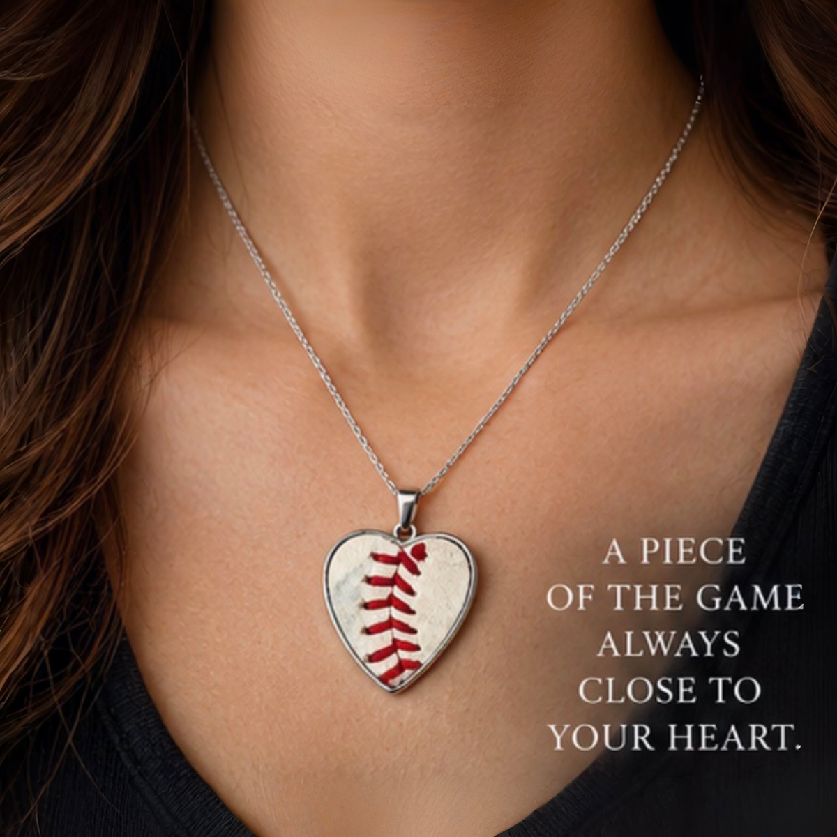 The Baseball Seams Company Baseball Seam Silver Heart Pendant Necklace, product detail view
