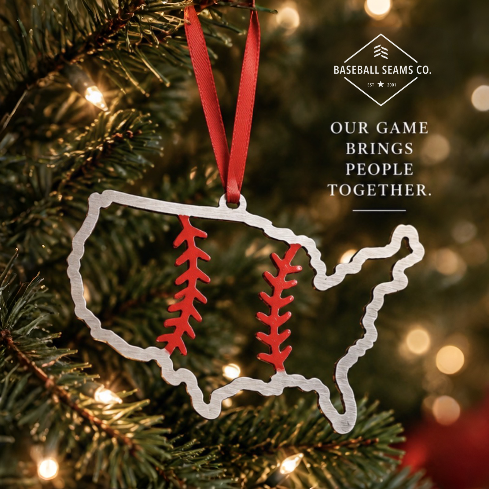 The Baseball Seams Company STEEL UNITED baseball Christmas ornament cut from steel, product view