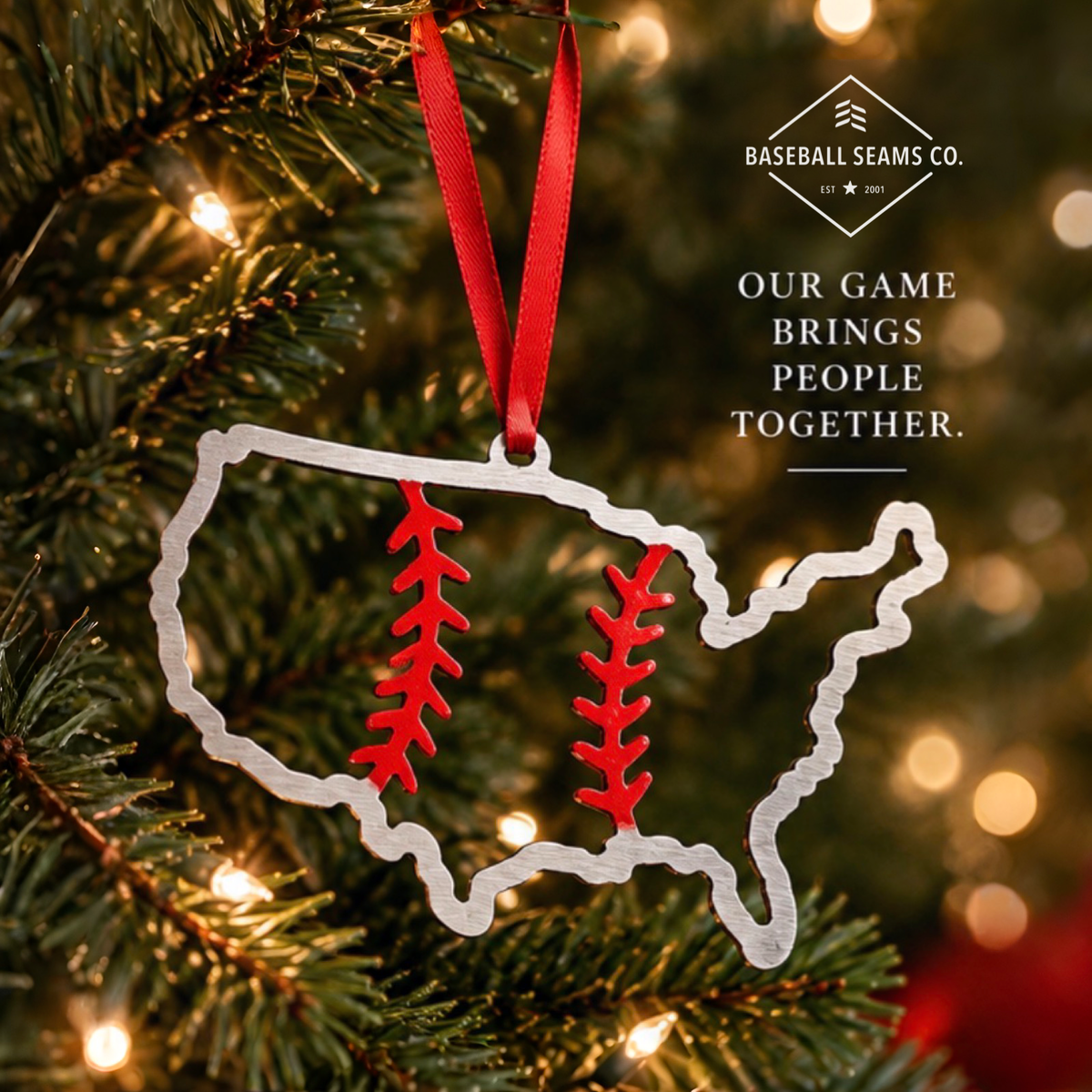 The Baseball Seams Company STEEL UNITED baseball Christmas ornament cut from steel, product view