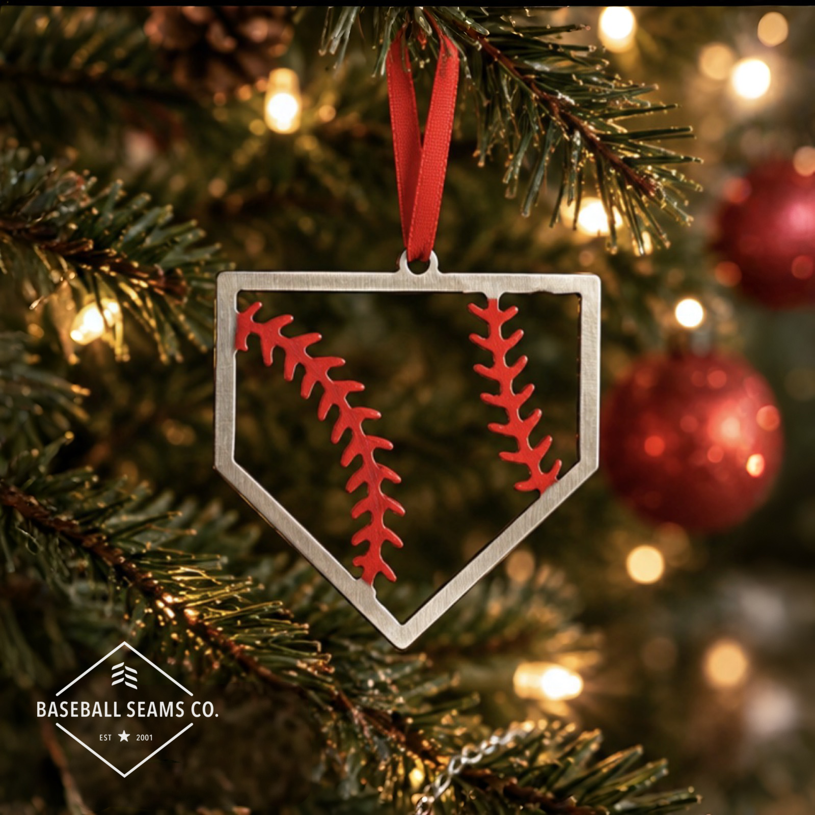 The Baseball Seams Company STEEL HOME baseball Christmas ornament cut from steel, product view