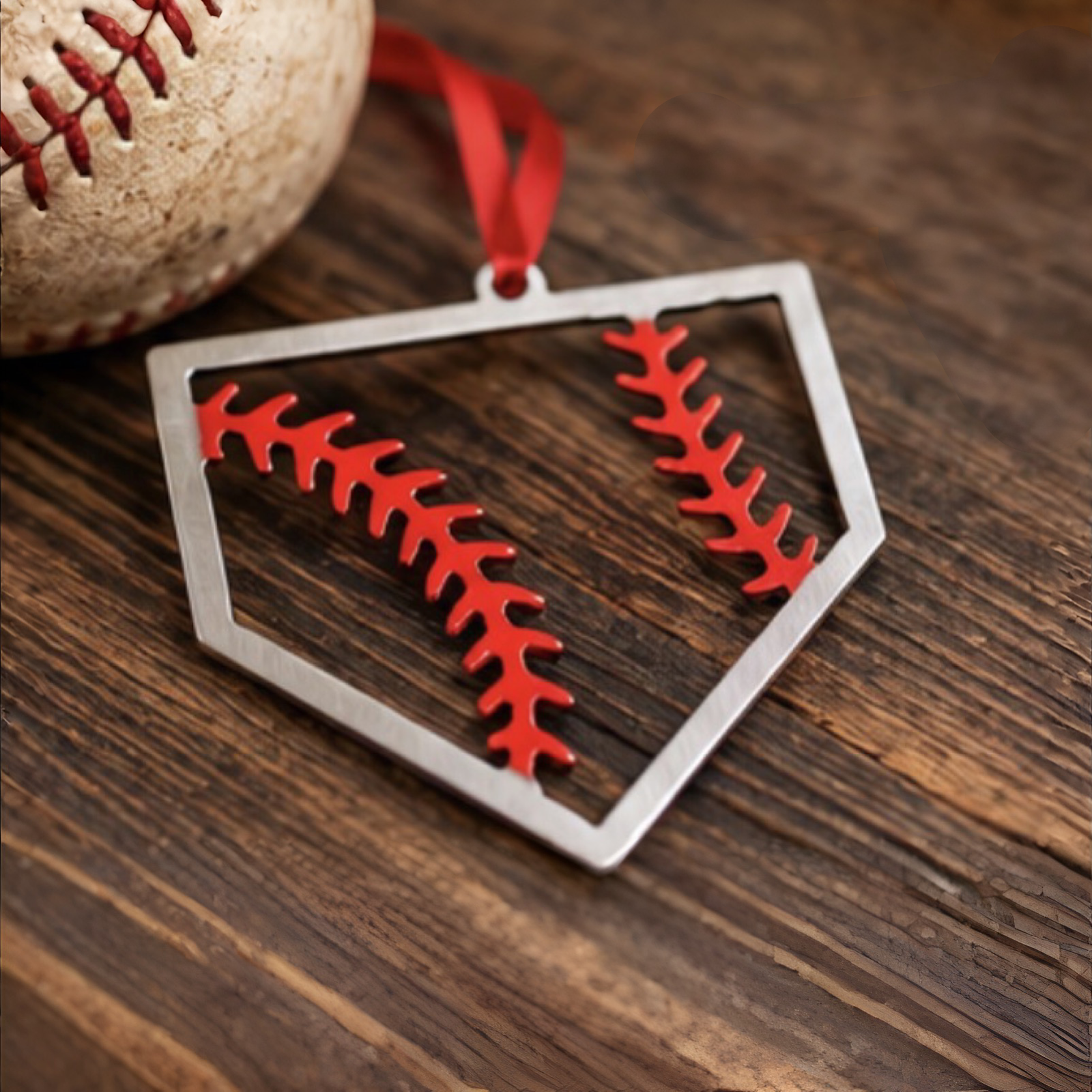 The Baseball Seams Company STEEL HOME baseball Christmas ornament cut from steel, product view