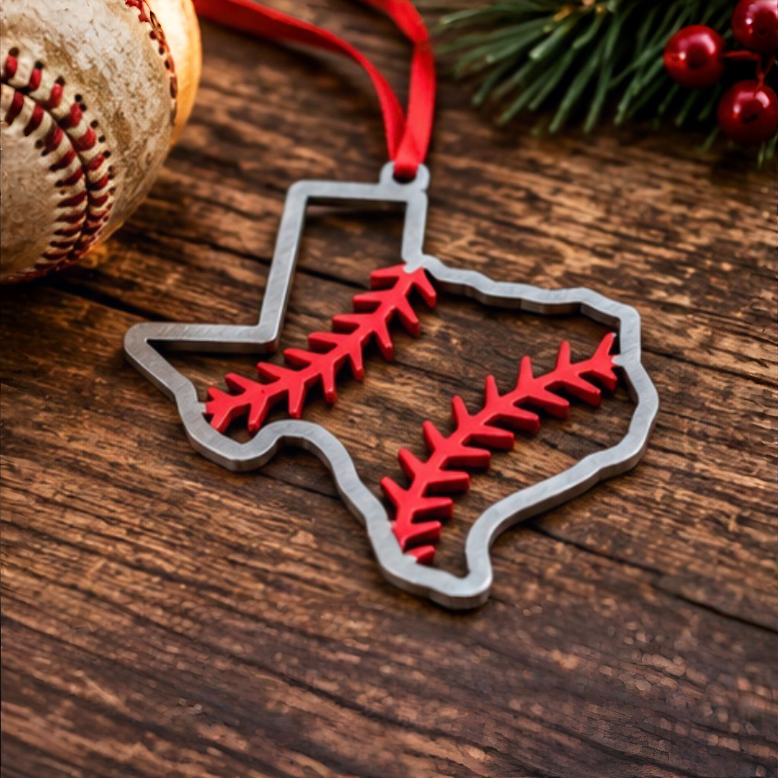 The Baseball Seams Company Texas Baseball Christmas Ornament laser cut from steel, product view