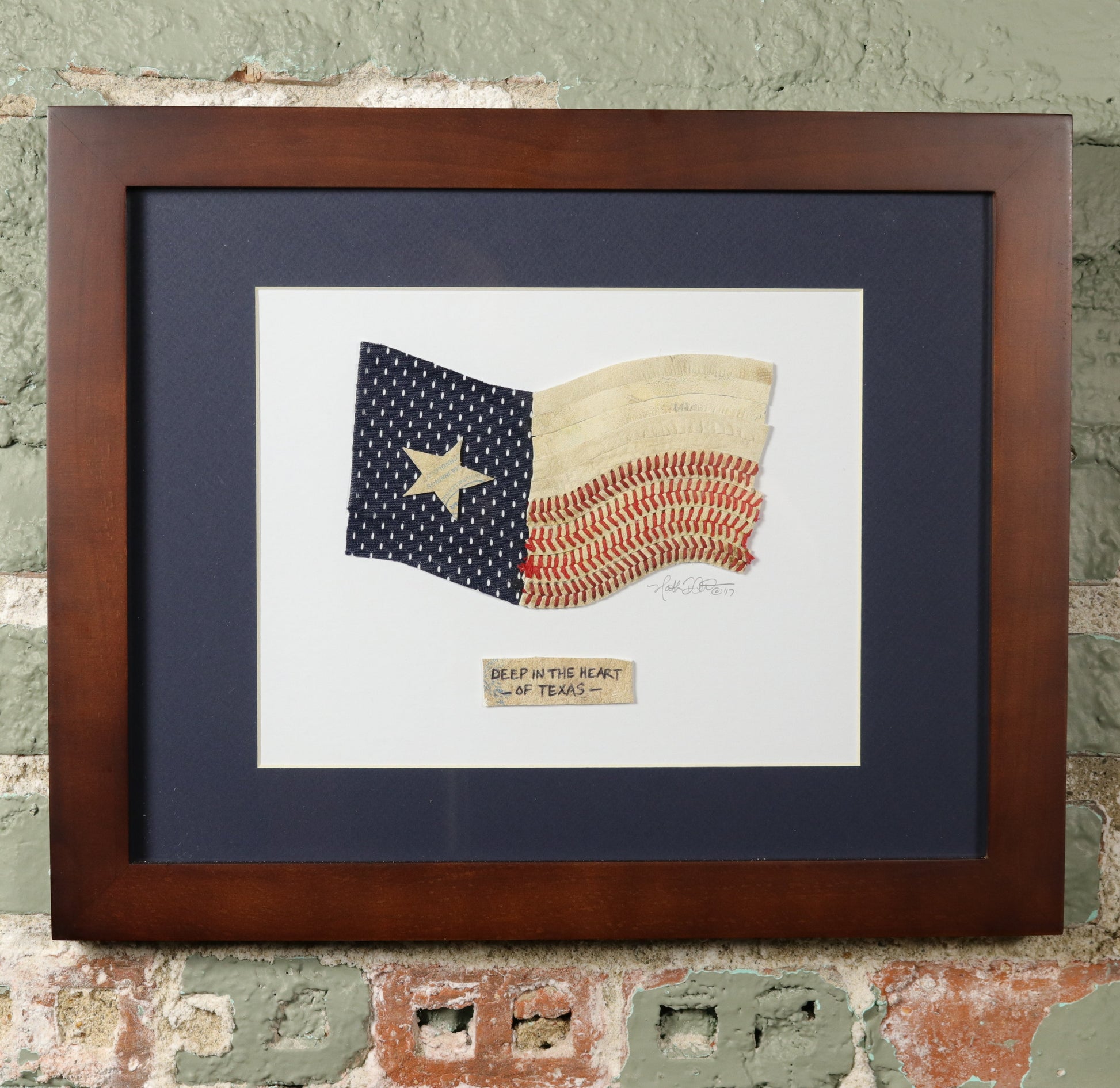 Texas State Flag Original Artwork featuring baseball materials and titled 'Deep in the Heart of Texas'.