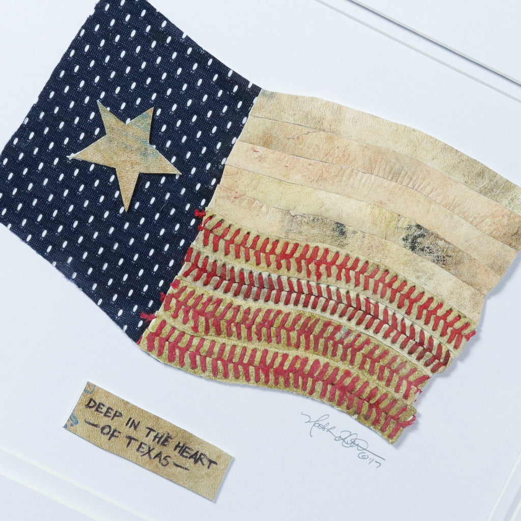 Texas State Flag Original Artwork featuring baseball stitches, navy jersey, and a golden star.