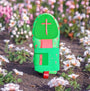 bright green baseball sliding mitt with neon pink accents and crosses, Matthew 9:29 faith-based design for athletes with protective gear and bold style