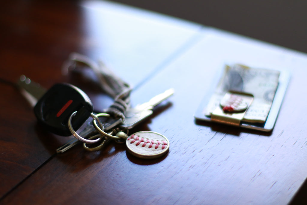 The Baseball Seams Company Baseball Seam Keychain made with used baseball seams, product detail view