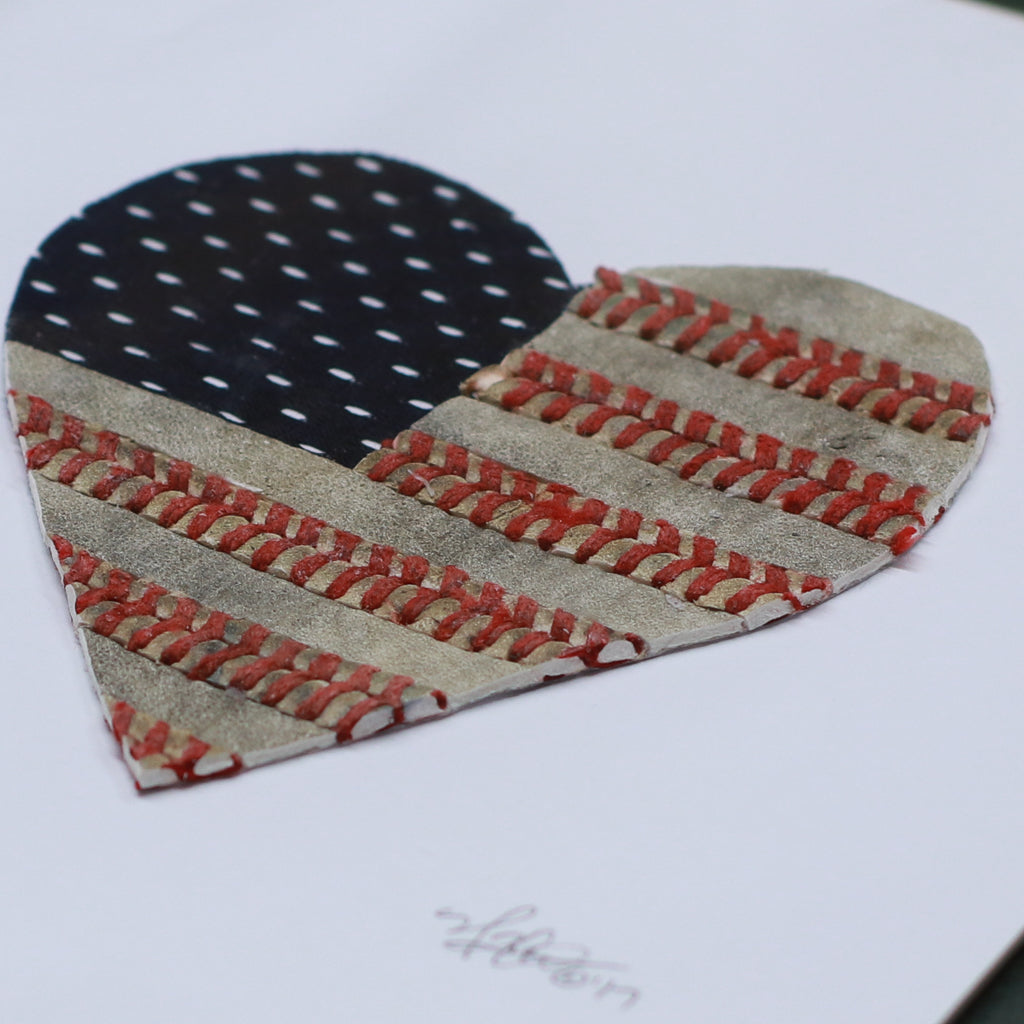 America's Love Original Artwork featuring a heart-shaped design with baseball stitching and the American flag.