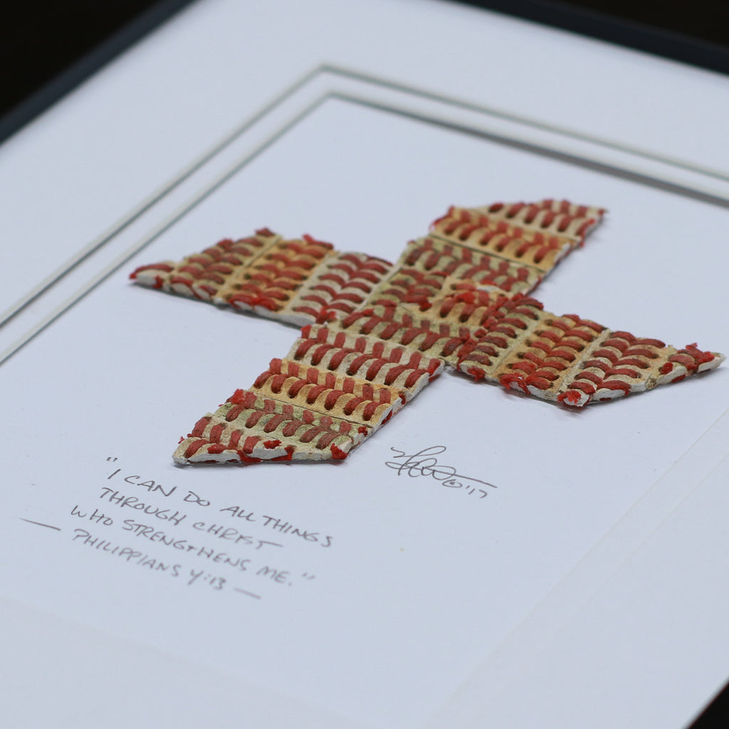The Baseball Cross - Original Artwork Made from Actual Used Baseballs featuring a cross design with scripture Philippians 4:13