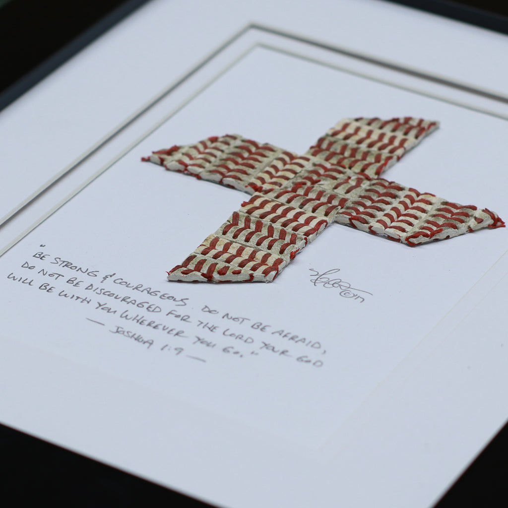 The Baseball Cross - Original Artwork Made from Actual Used Baseballs with inspirational quote from Isaiah 1:9.