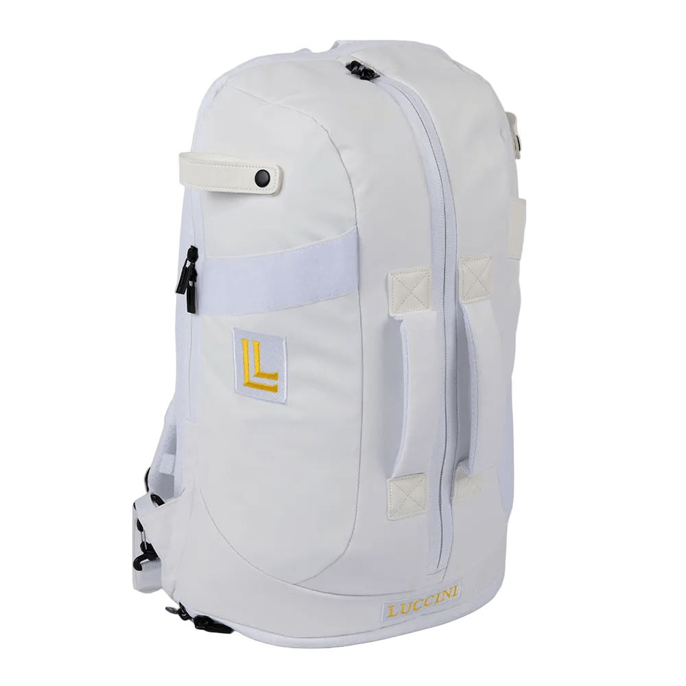 Luccini Baseball Duffel Gear Bag – White | White backpack with a visible brand logo on a white background