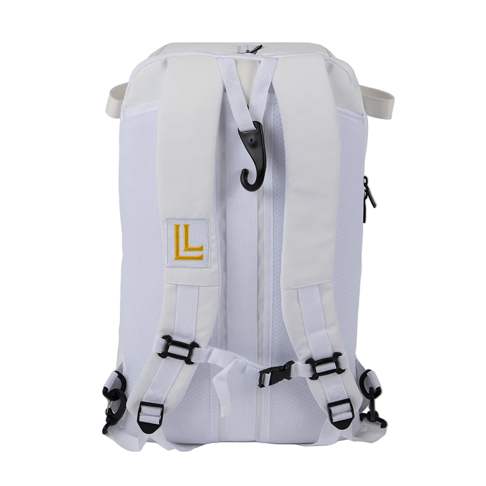 Luccini Baseball Duffel Gear Bag – White | White backpack with a logo on a white background