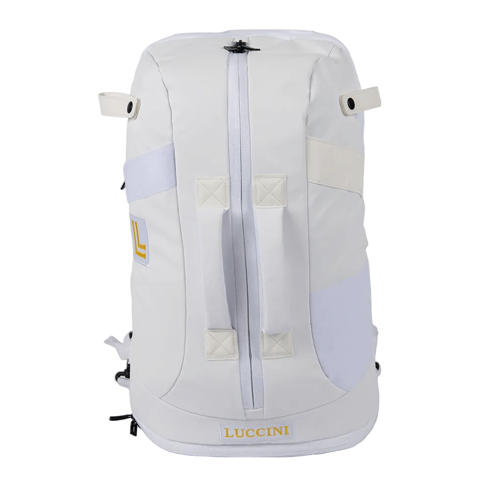 Luccini Baseball Duffel Gear Bag – White | White backpack with gray accents and 'Luccini' branding on a white background