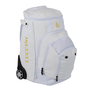Luccini Baseball Wheeled Gear Bag – White | White sports bag with black wheels and 'Luccini' branding on a white background