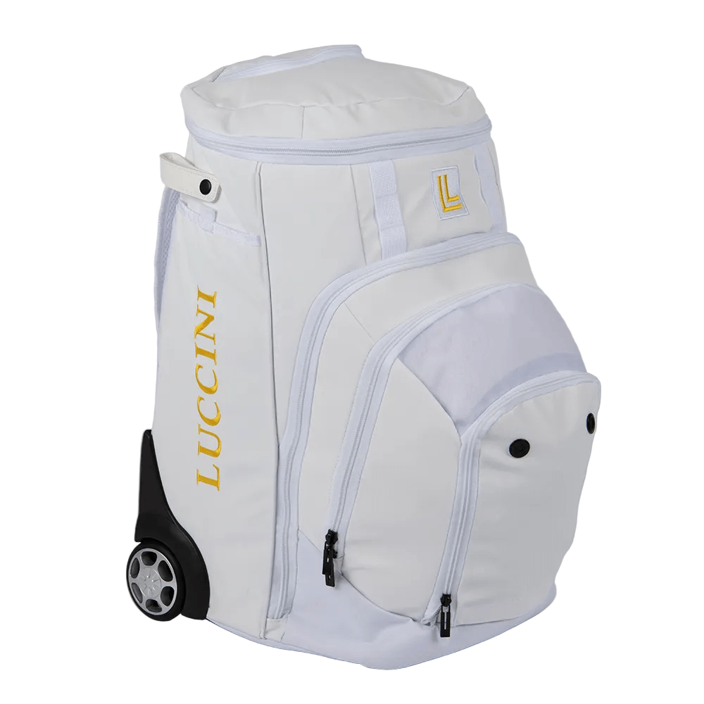 Luccini Baseball Wheeled Gear Bag – White | White sports bag with black wheels and 'Luccini' branding on a white background