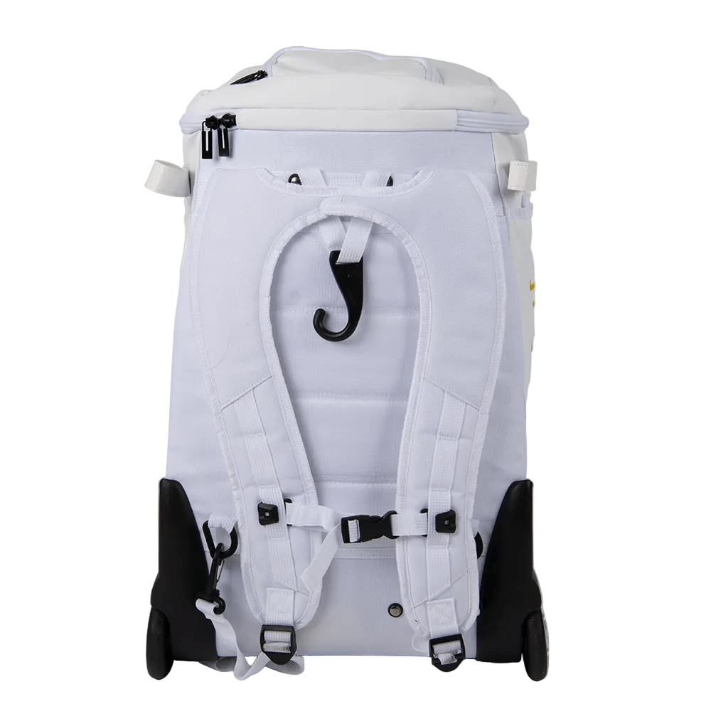 Luccini Baseball Wheeled Gear Bag – White | White backpack with black accents on a white background