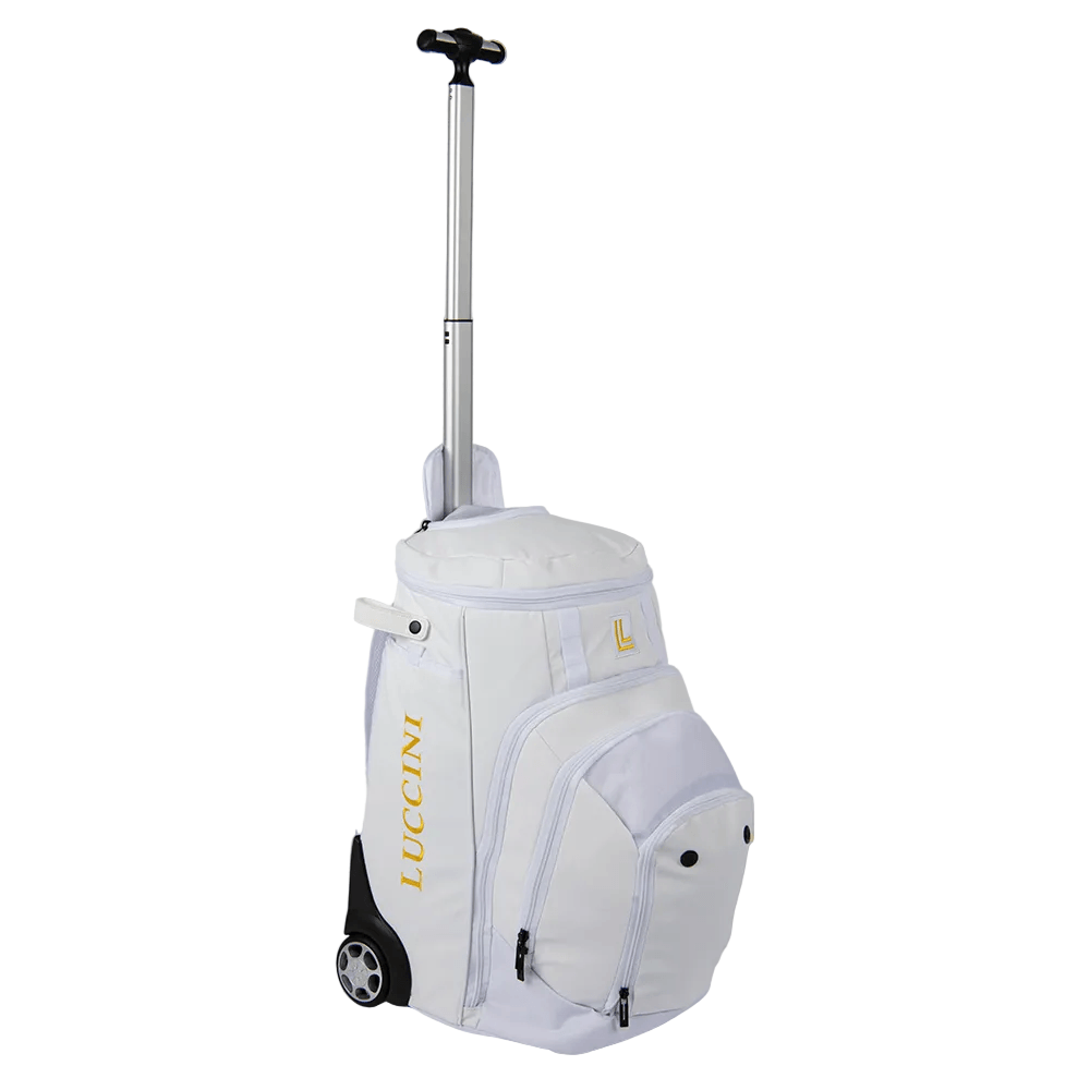 Luccini Baseball Wheeled Gear Bag – White | White rolling backpack with black wheels on a white background