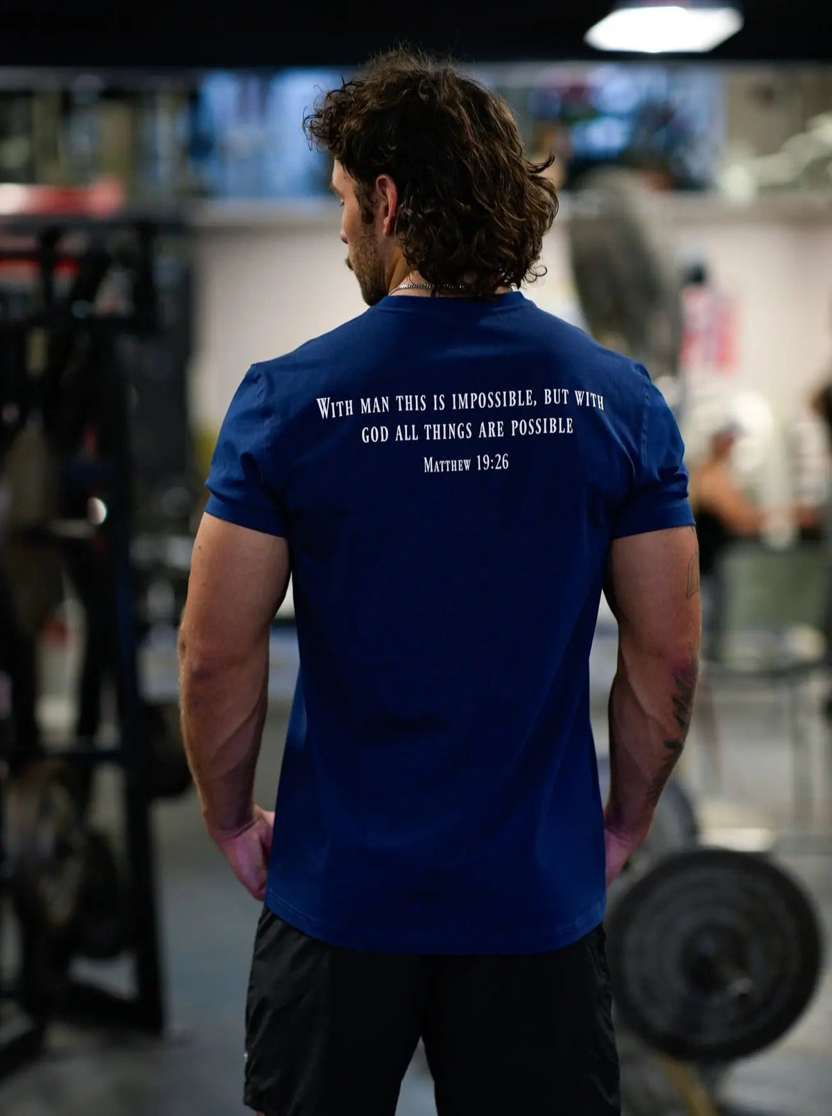 HolStrength blue Sovereign Performance Tee featuring Matthew 19:26