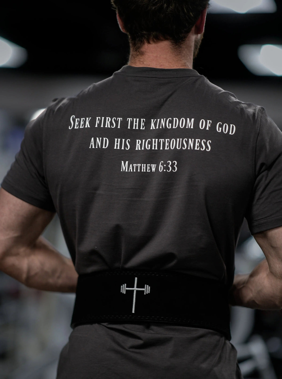 HolStrength gunmetal grey Sovereign Performance Tee featuring Matthew 6:33