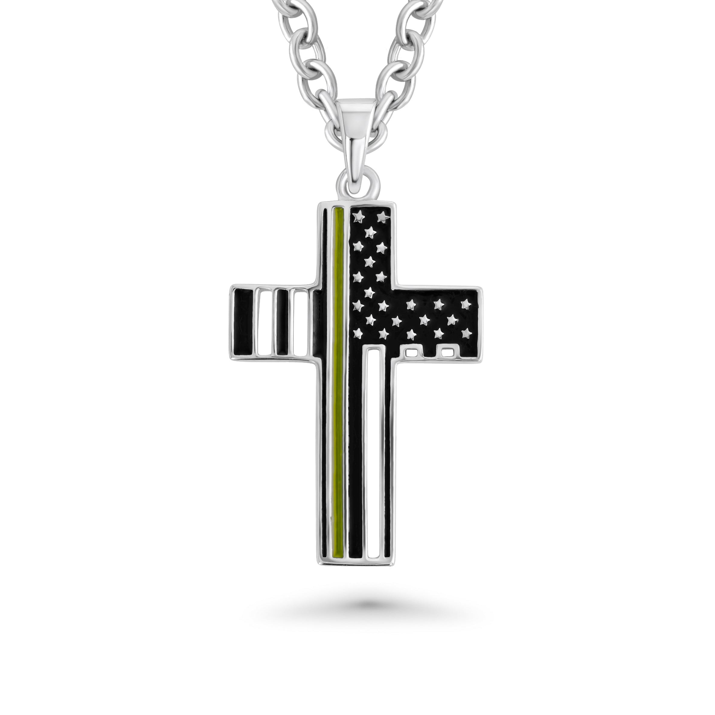 Cross necklace with American flag design on a white background