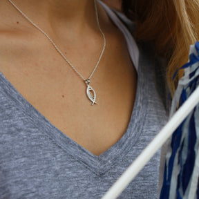 Mini Ichthys Football Necklace In Sterling Silver | All In Faith Christian Fish Football Pendant