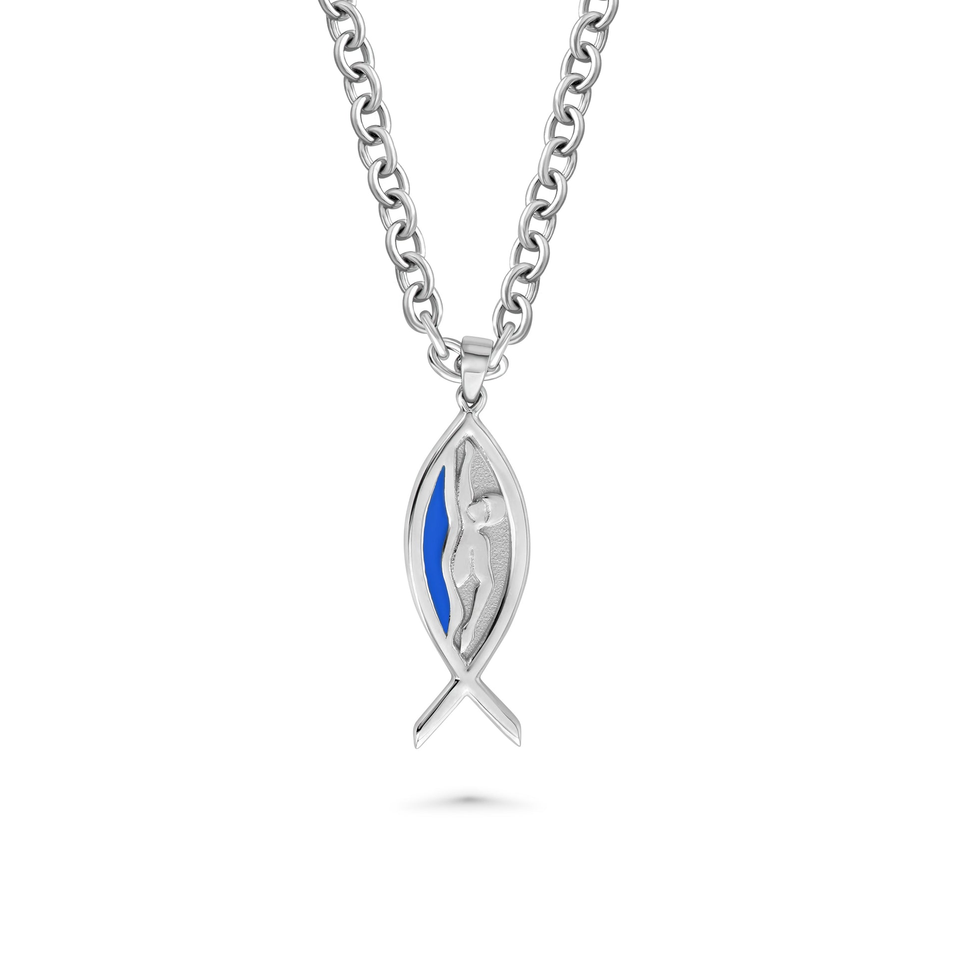 Sterling silver Christian swimmer necklace with blue enamel, featuring a swimmer inside the Ichthys fish symbol on a stainless steel chain.
