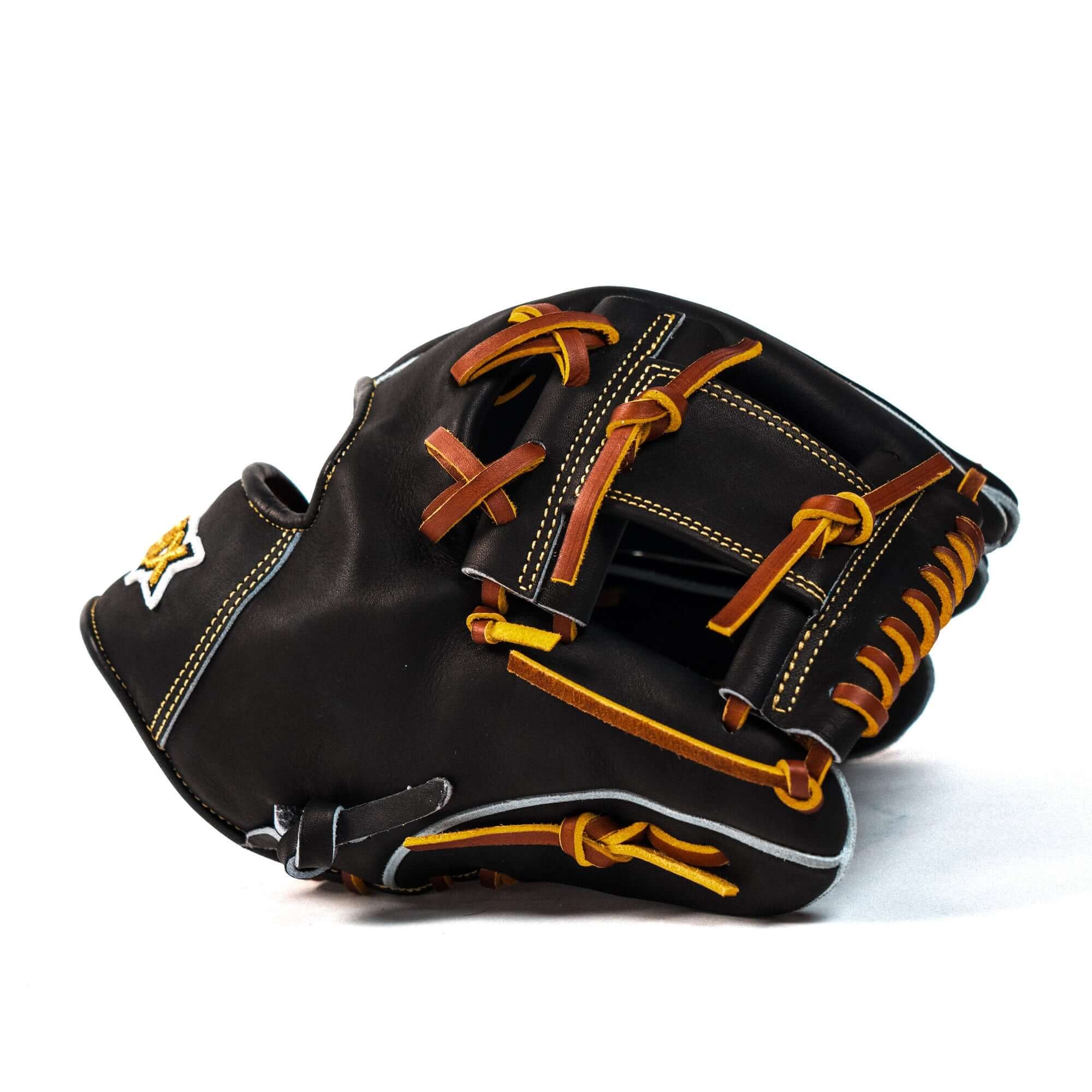 Jax Baseball Fielding Glove | CB-3 | Infield | Black - Side view showcasing black leather with tan lace and gold stitching.