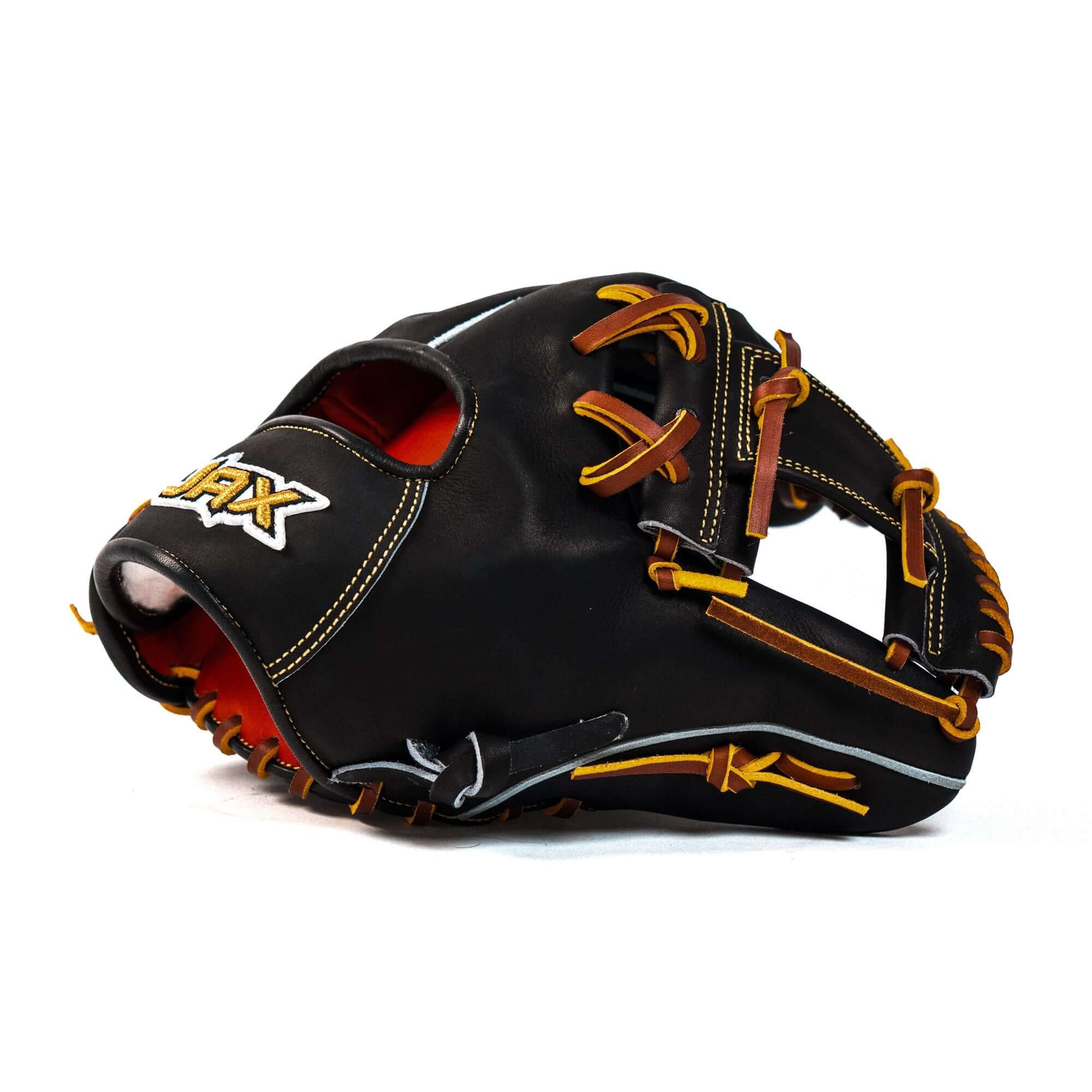 Jax Baseball Fielding Glove | CB-3 | Infield | Black, 11.5 inches, leather, with tan laces and red palm liner.