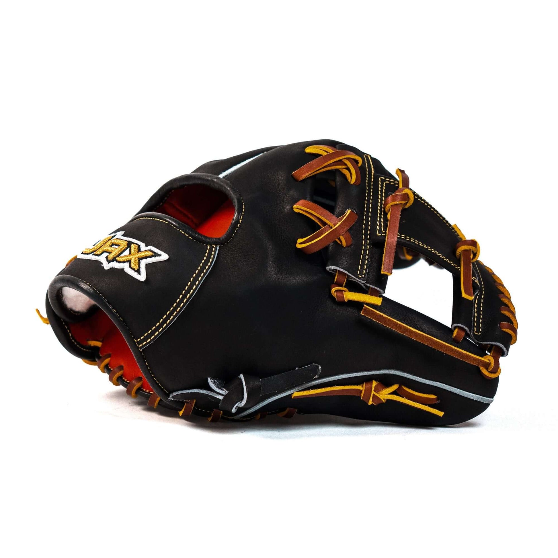 Jax Baseball Fielding Glove | CB-3 | Infield | Black, 11.5 inches, leather, with tan laces and red palm liner.