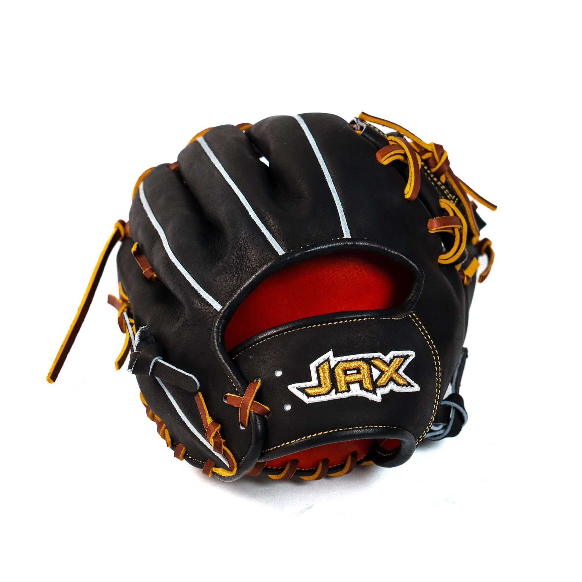 Jax Baseball Fielding Glove | CB-3 | Infield | Black - 11.5 inch leather glove with tan lace and red palm liner.