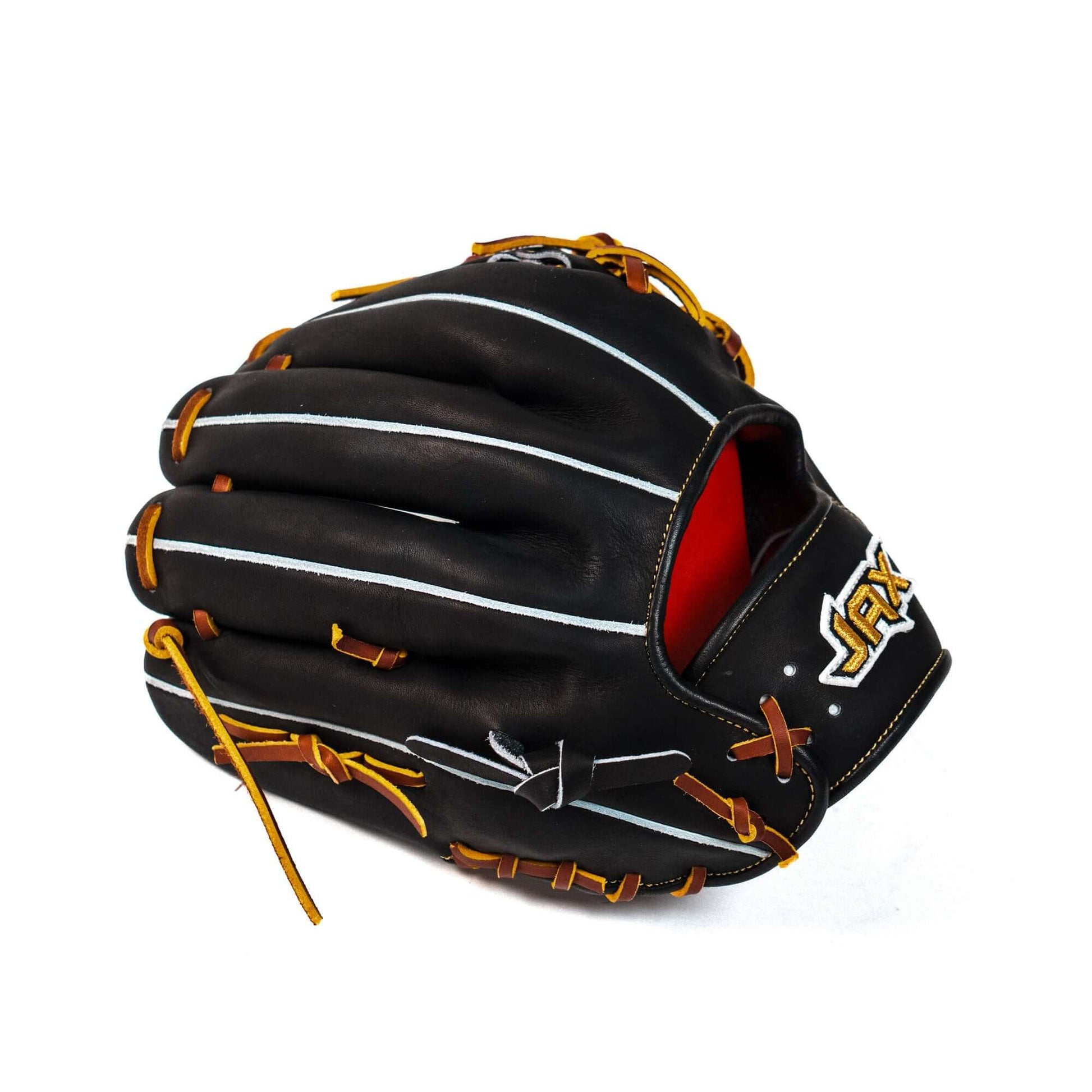 Jax Baseball Fielding Glove | CB-3 | Infield | Black showcasing a black leather design with tan lace and gold stitching.