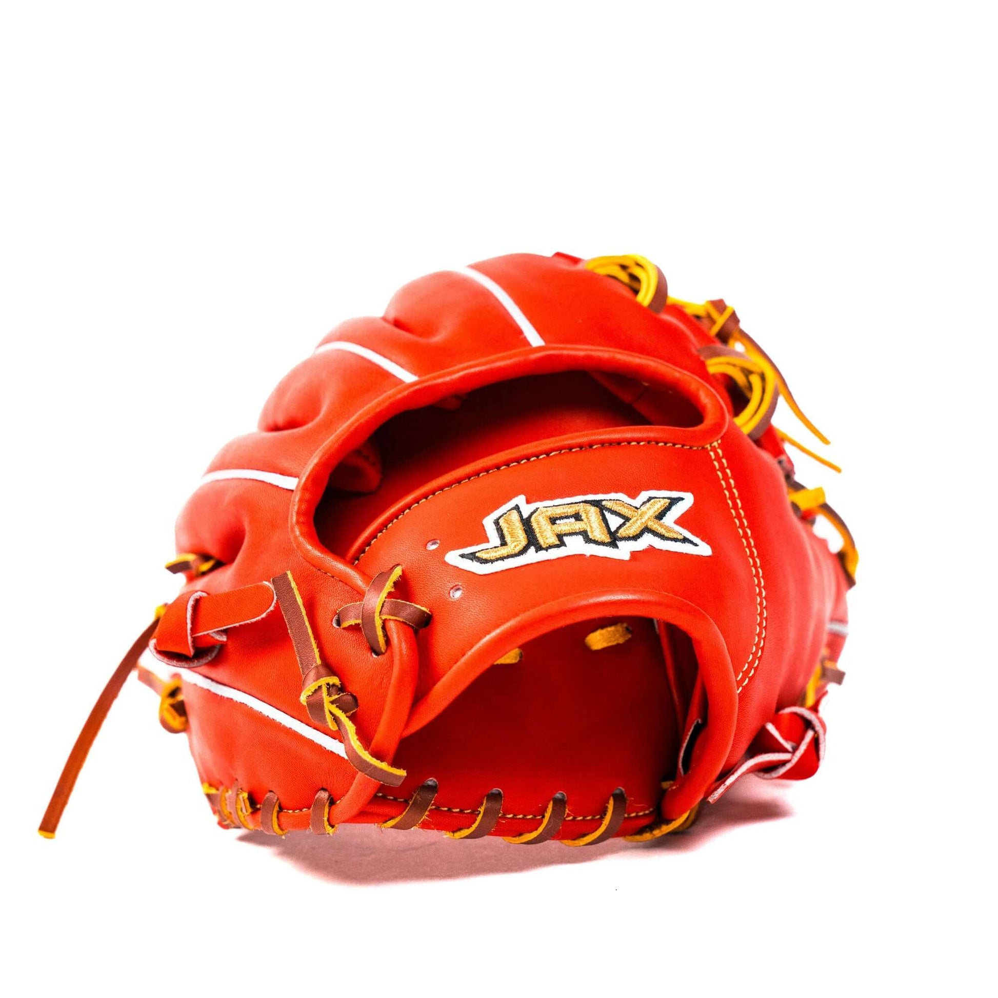 Jax Baseball Fielding Glove | CB-3 | Infield | Red angled view showing the glove's vibrant red color and stitching details.
