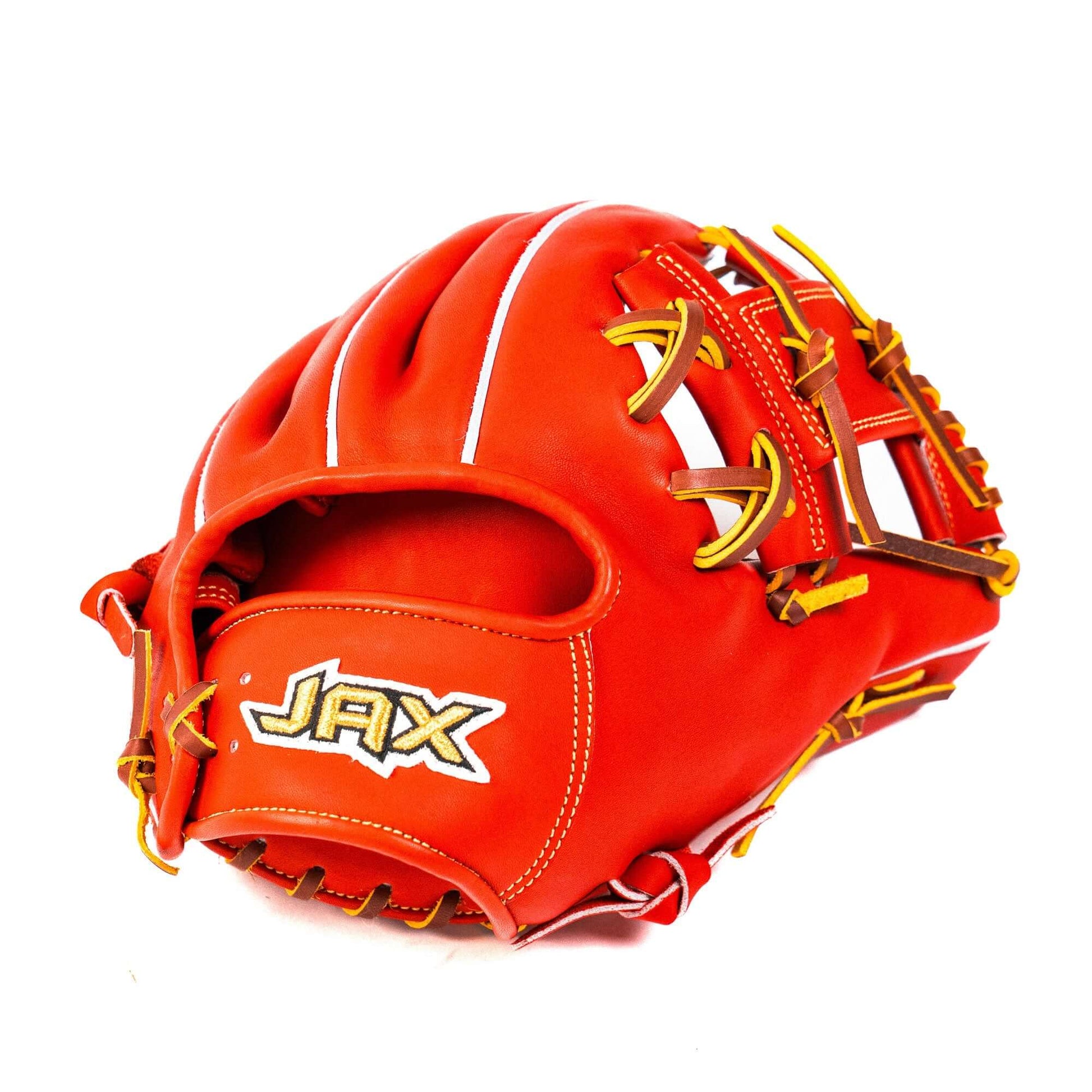 Jax Baseball Fielding Glove | CB-3 | Infield | Red showing a vibrant red leather design and gold stitching.
