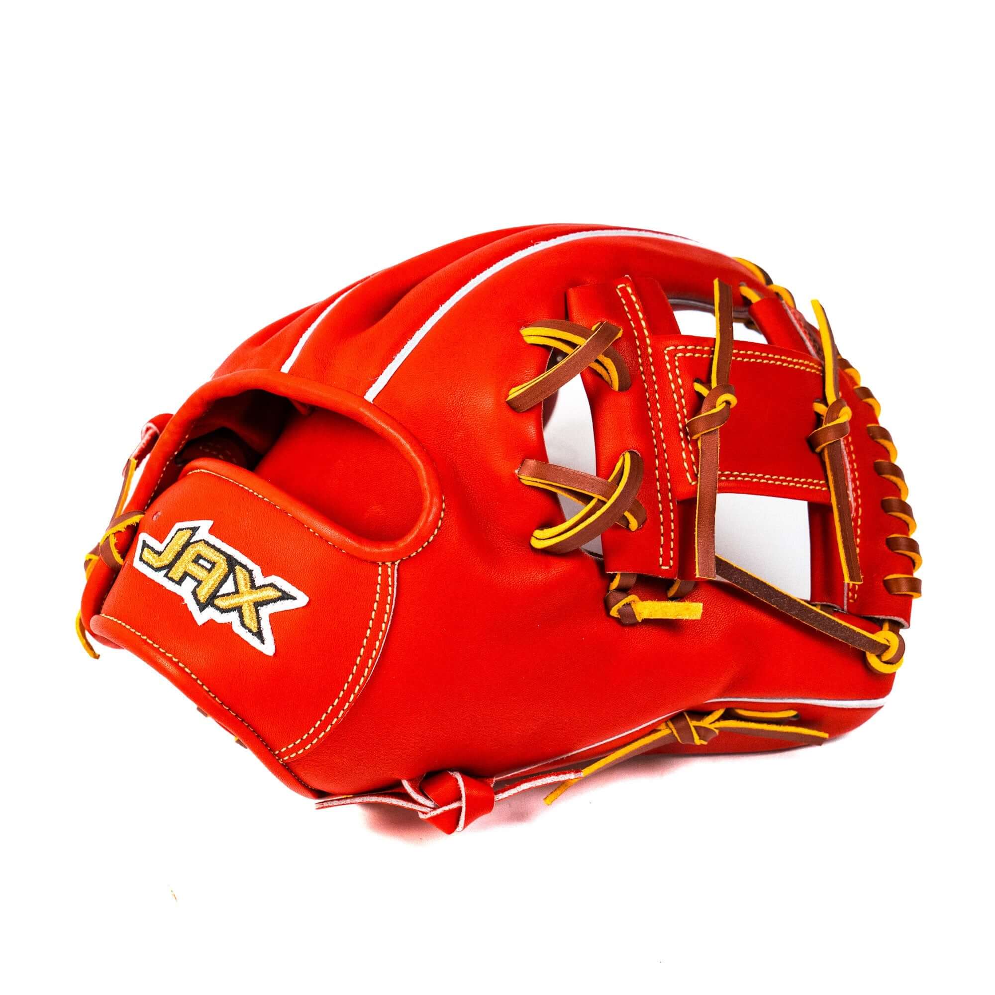 Jax Baseball Fielding Glove | CB-3 | Infield | Red - 11.5 inch leather glove with gold stitching and I-Web design.