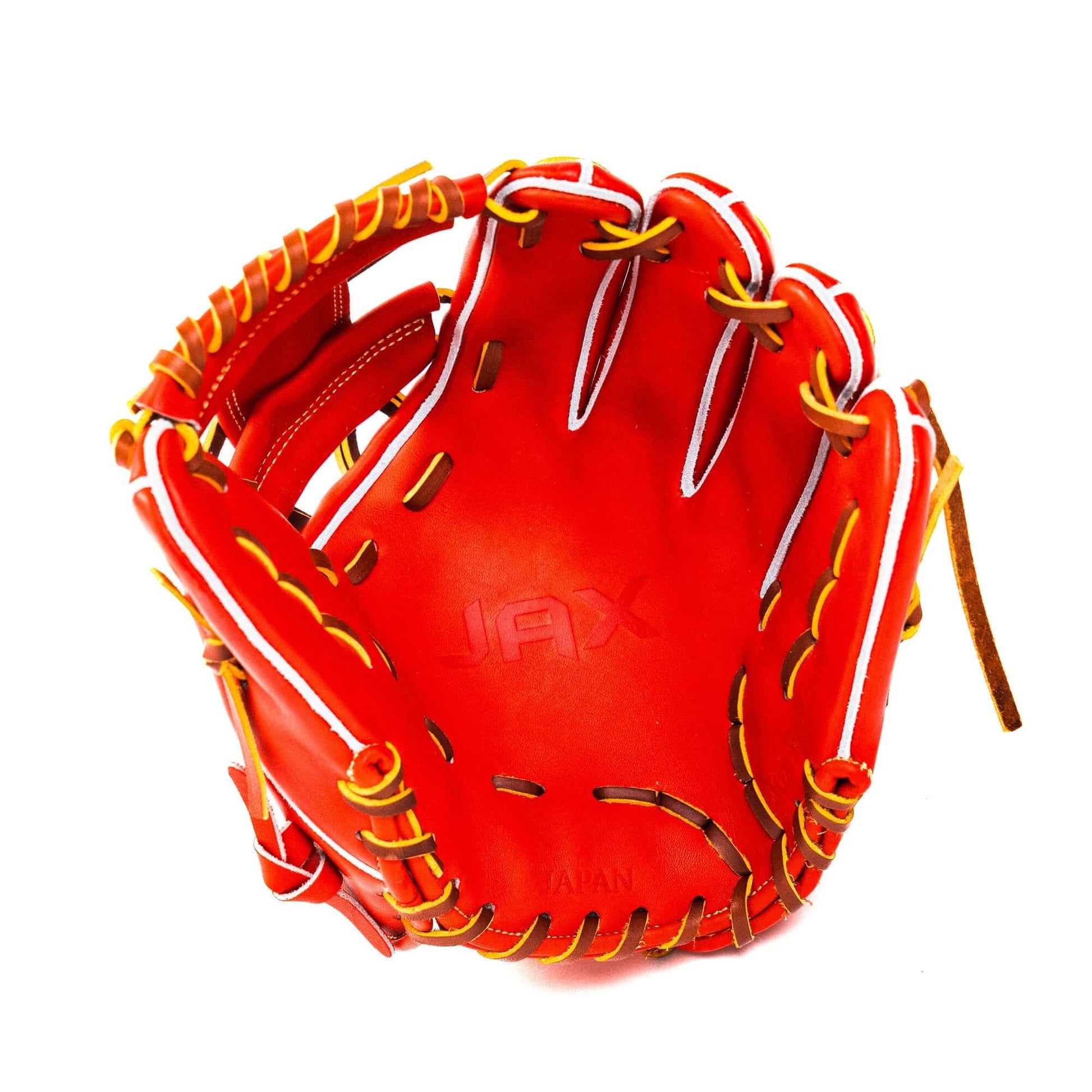 Jax Baseball Fielding Glove | CB-3 | Infield | Red, 11.5 inches leather glove with red color and gold stitching.