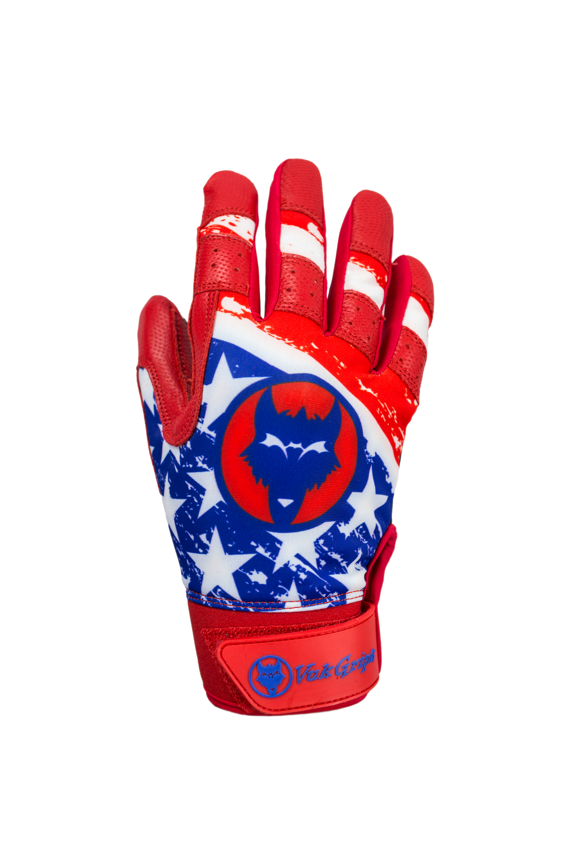 VukGripz Patriot Batting Gloves featuring a patriotic design with red, white, and blue colors.